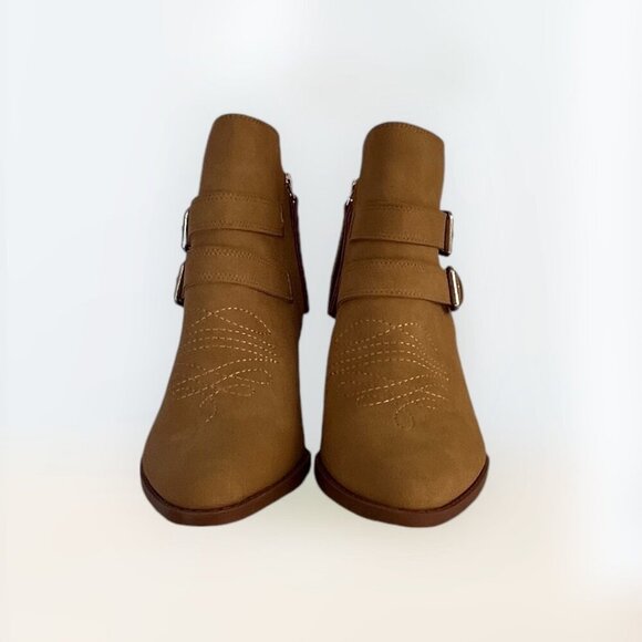 ZBY Womens Tan Western Ankle Boots With Double Buckle & Stacked Heel Size 9.5 - Picture 9 of 9